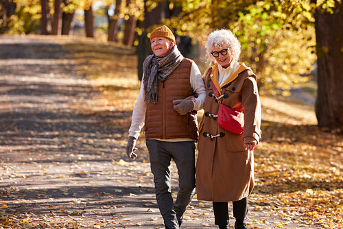 Pareja mayor paseando en otoño